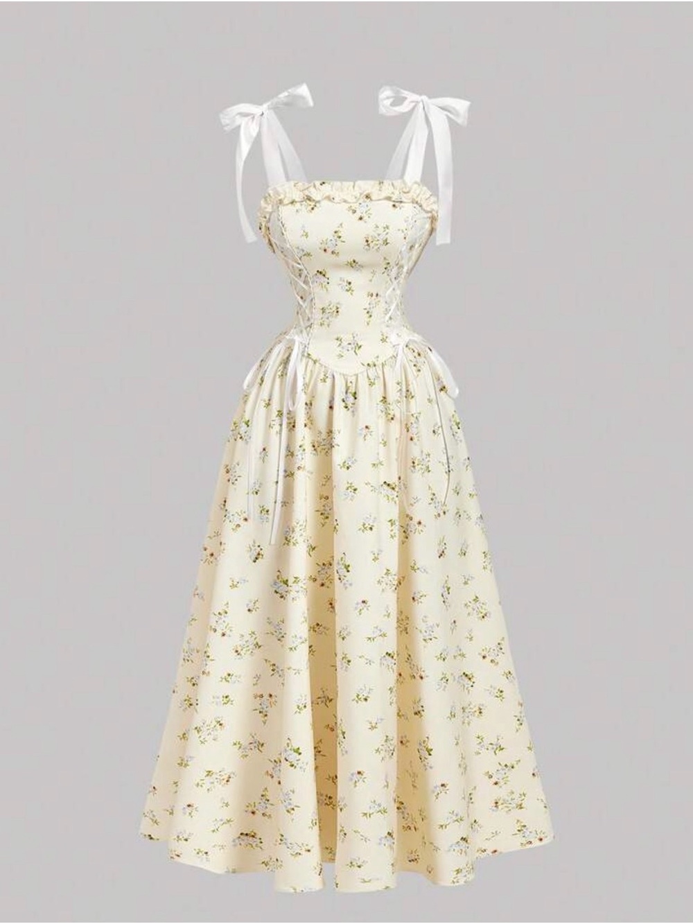 Women's Cream Floral Tie-Shoulder Midi Dress milkmaids